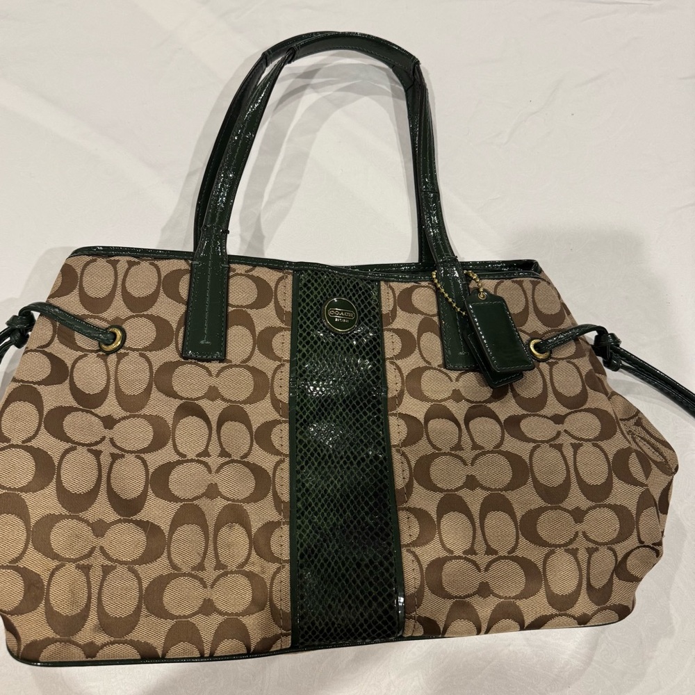 Coach Tan and Dark Green Signature Shoulder Bag